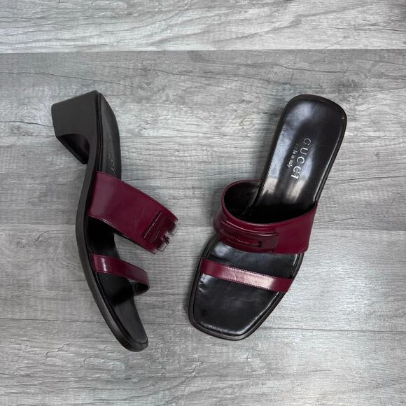 Gucci Vintage 90s Mules Slides Sandals Burgundy Logo Size 8 1/2 - Picture 1 of 15